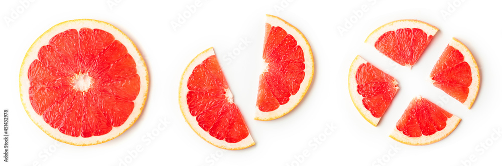 Grapefruit slices isolated on white, from above Grapefruit slices isolated on white, from above