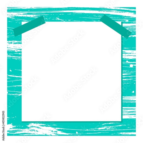 Abstract aged background with the texture of white paint on a blue background. A sheet of blank blank paper is glued to the wall with the effect of paint strokes, chalk. For design, page, website, web