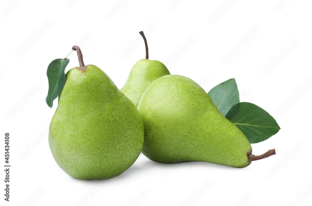 Fresh ripe pears with green leaves on white background Fresh ripe pears with green leaves on white background