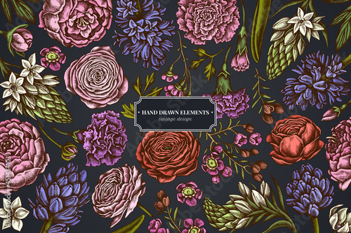 Floral design on dark background with peony, carnation, ranunculus, wax flower, ornithogalum, hyacinth