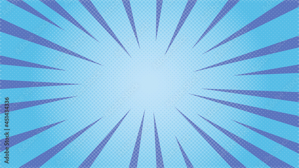 Blue comics style background. Zoom rays focus lines background.