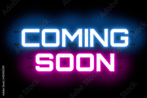 Coming Soon Neon sign banner on black background, shining light signboard collection.