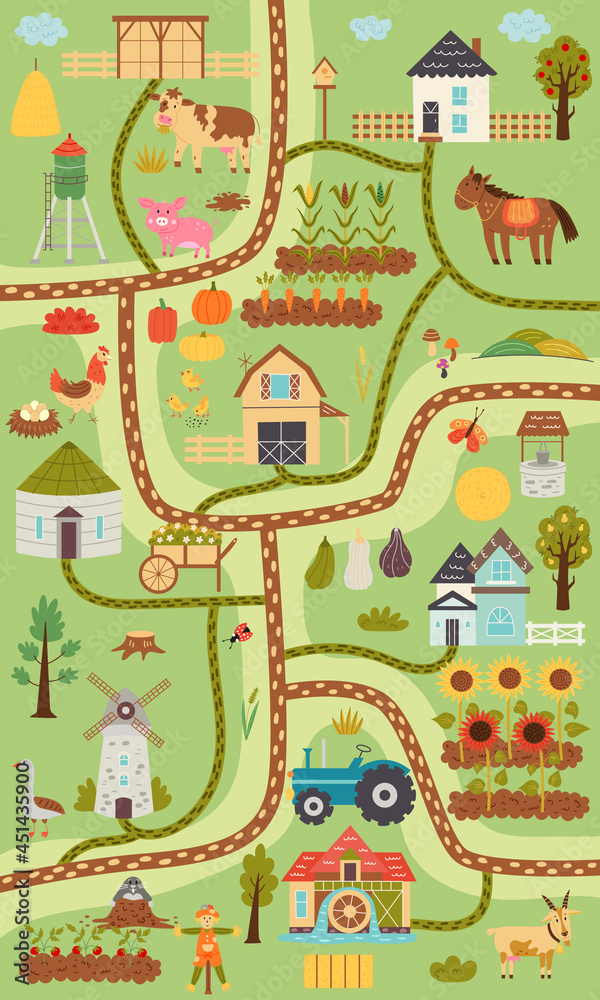 Summer vertical rustic farm map. Map constructor village, farm animals, ranch. Nursery design for posters, carpet, children room. Vector hand draw illustration