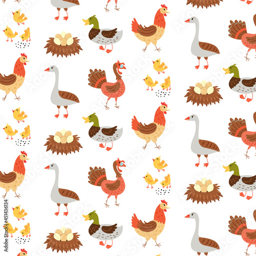 Seamless pattern farm birds geese duck chicken turkey. Repetitive background with a rustic motif. Vector hand draw paper  nursery design wallpaper