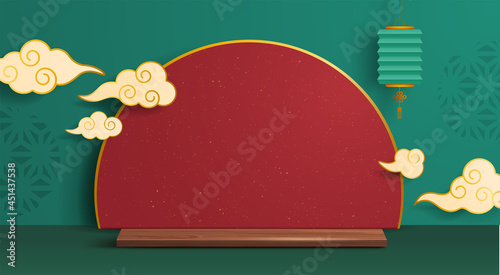 3D illustration of Mid Autumn Mooncake Festival theme podium scene with paper graphic style of oriental festive elements on background for product display. Wide copy space for design.