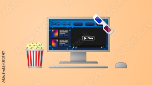 Online cinema concept. Computer with an open page of an online cinema site, watching movie online. Web vector illustration.