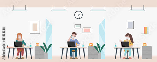 Business office people maintain social distancing meeting room. Stop covid-19 coronavirus. New normal lifestyle in job.
