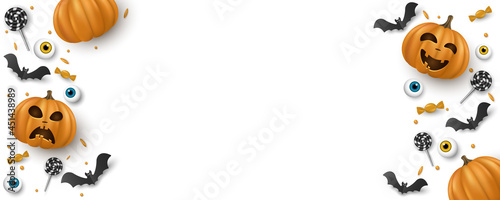 Halloween cover design with 3d emotional cartoon smiling pumpkins and decorative eyes, sweets, lollipops, bats isolated on white background. Holiday banner