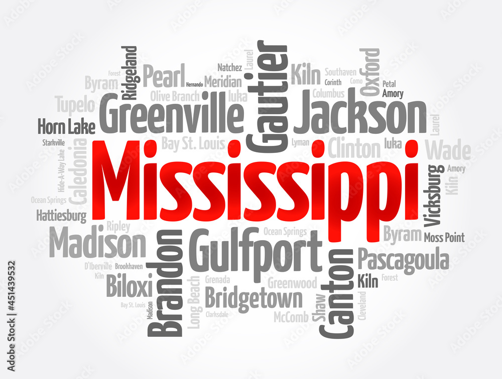 Fototapeta premium List of cities in Mississippi USA state, word cloud concept background