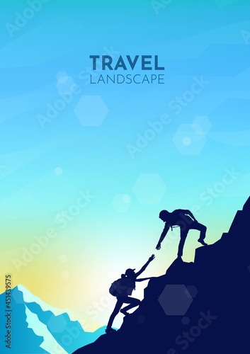 Climb to the top of the mountain. Helping hand. Travel concept of discovering, exploring, observing nature. Hiking tourism. Adventure. Minimalist graphic flyer. Polygonal flat design. Vector