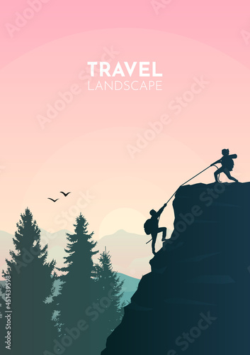 Climb to the top of the mountain. Travel concept of discovering, exploring, observing nature. Hiking tourism. Adventure. Minimalist graphic flyer. Polygonal flat design. Vector illustration