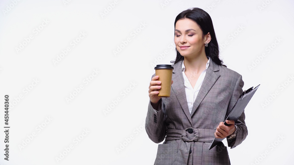 Businesswoman with closed eyes holding paper cup and clipboard isolated on white. Businesswoman with closed eyes holding paper cup and clipboard isolated on white.