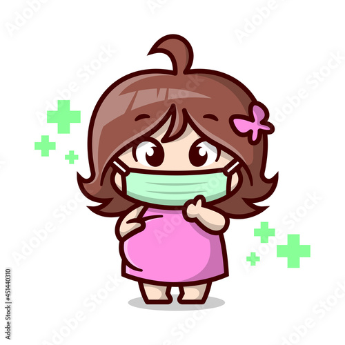 Cute pregnant mom is wearing mask for her safety from virus. High quality cartoon illustration.