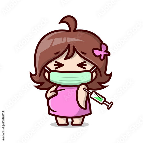 Cute pregnant mom is wearing mask and being vaccinated. High quality cartoon illustration.