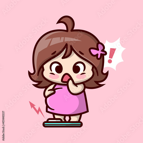 Cute Pregnant mom is shocked while checking her weight. High quality cartoon illustration.