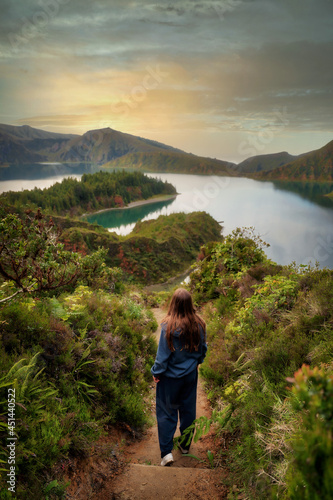 Obraz na płótnie Woman walking towards Lagoa do Fogo Crater Lake on Sao Miguel, Azores w salonie