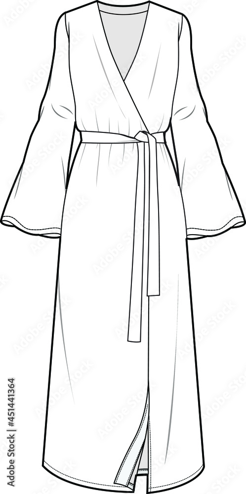 women long sleeve robe dress flat sketch vector illustration Stock Vector |  Adobe Stock