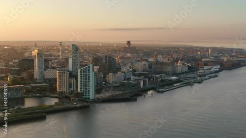 Wallpaper Mural city of liverpool aerial shot drone at sunrise pan over downtown waterfront,mersey river view Torontodigital.ca