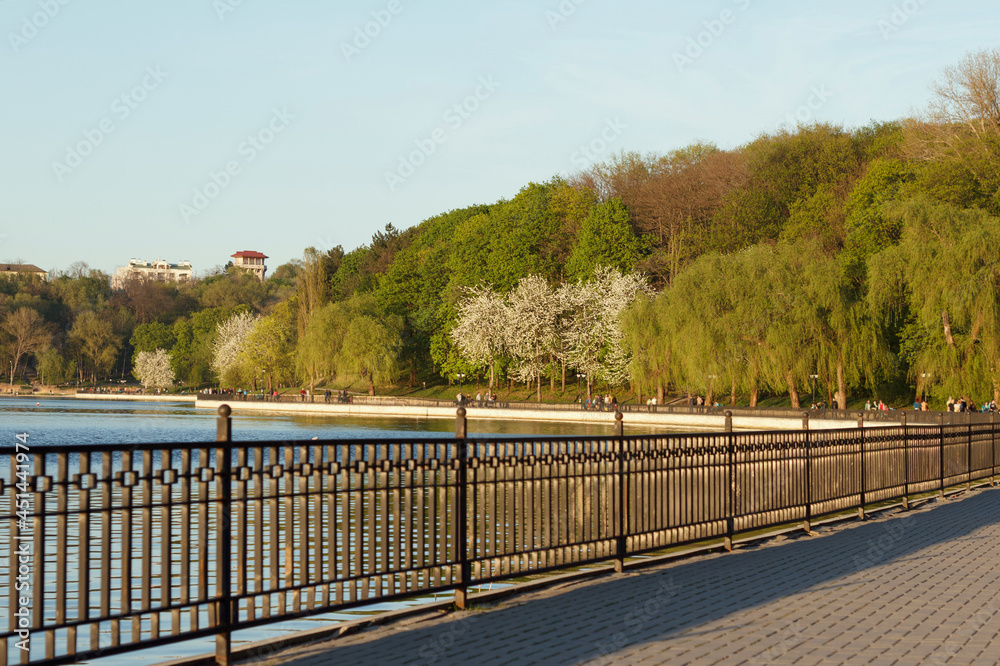 Landscape, recreation place in the park and for walking on the lake and among beautiful vegetation