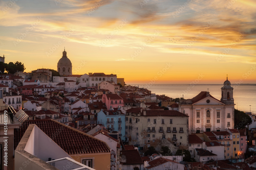 Lisbon during Sunrise seen from Santa Luzia Viewpoint, taken in June 2021