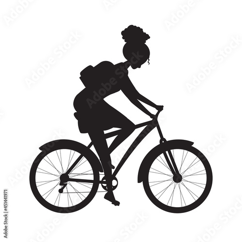 Vector illustration of a  shadow young girl rides a bicycle in a dress and with a backpack. A student or schoolgirl goes to class. Woman cyclist riding a bicycle