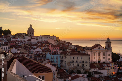 Lisbon during Sunrise seen from Santa Luzia Viewpoint, taken in June 2021