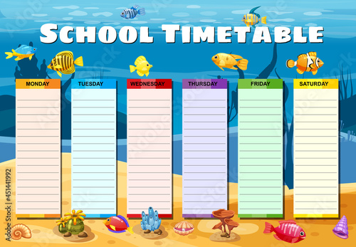 School Timetable weekly with sea fishes, seaweeds on bottom, ocean. Vector template schedule, cartoon style