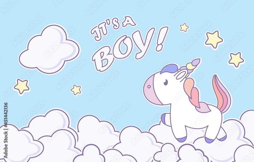 Baby shower horizontal banner with cartoon unicorn, clouds on blue background. It's a boy. Vector illustration