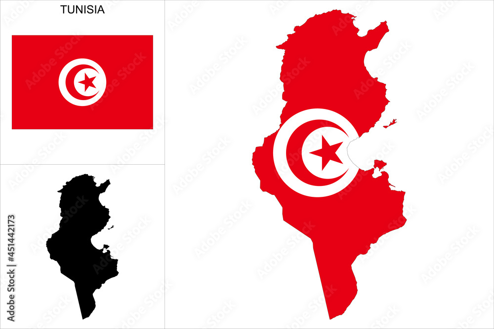 Carte de Tunisie avec fond drapeau tunisien - carte sous forme de motif  noir et drapeau tunisien disponibles séparément Stock Vector