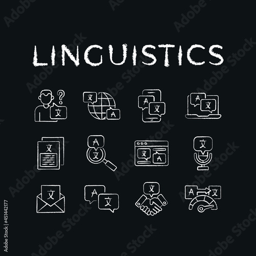 Translation chalk icons set. Linguistics. Vector isolated black illustration.
