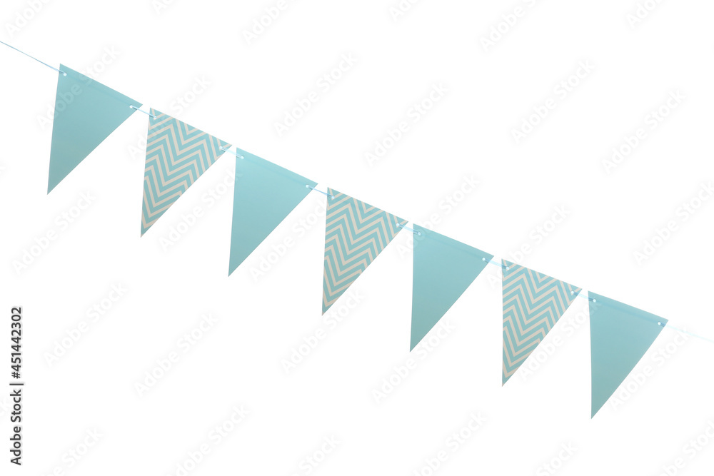 Triangular bunting flags on white background. Festive decor