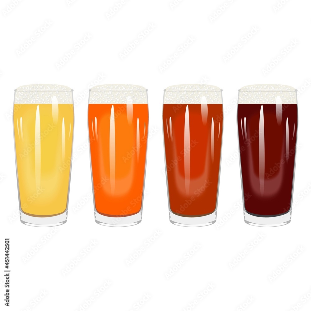 Set with craft beer in willi becher glass for banners, flyers, posters, cards. Light and dark beer, ale, and lager. Beer Day. October fest. Vector illustration isolated on white background. Set with craft beer in willi becher glass for banners, flyers, posters, cards. Light and dark beer, ale, and lager. Beer Day. October fest. Vector illustration isolated on white background.