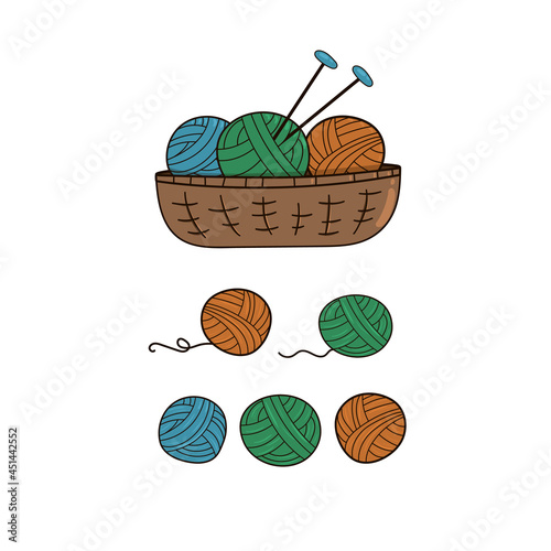 A set of multi-colored balls of wool and knitting needles in different positions. Isolated on a white background. Balls of wool in a basket. Needlework. Hand drawn style. Vector illustration