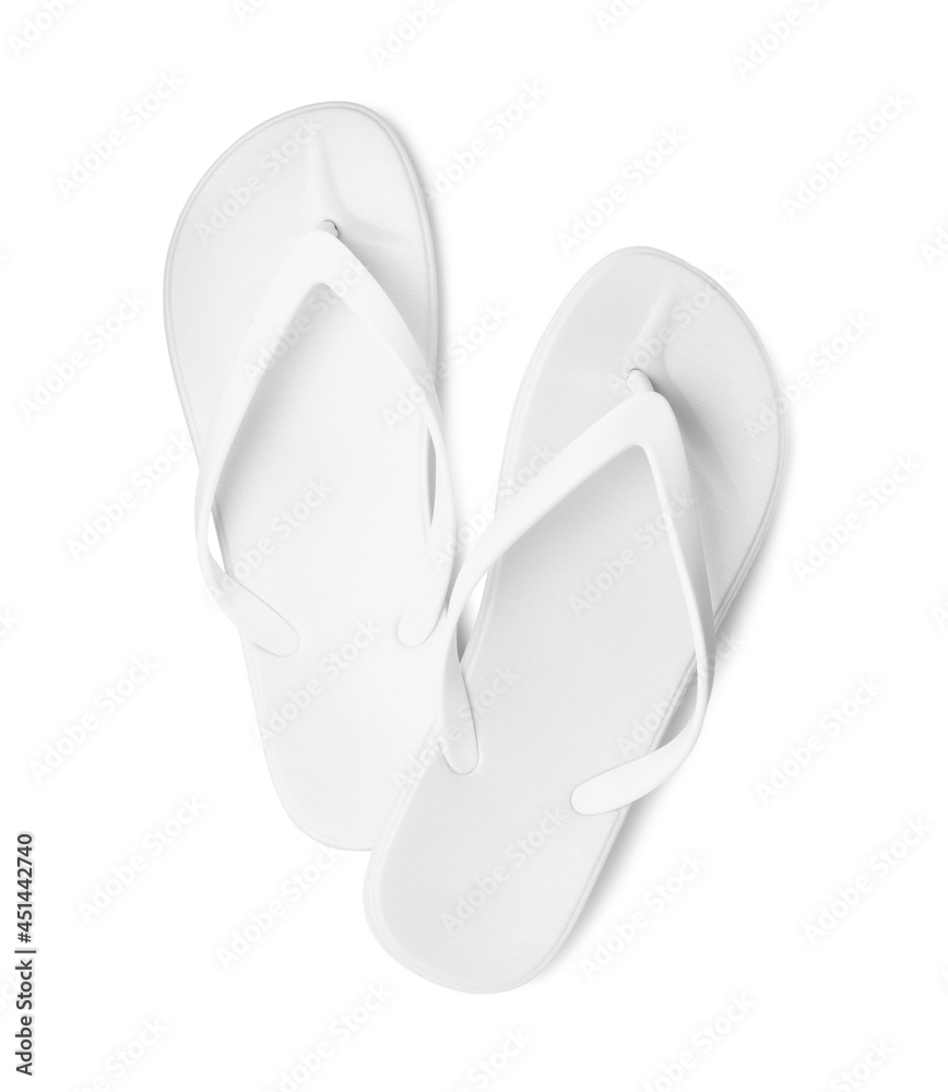 Pair of stylish flip flops isolated on white, top view Pair of stylish flip flops isolated on white, top view