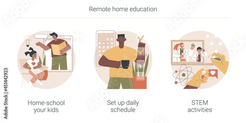 Remote home education abstract concept vector illustration set. Home-school your kids, set up daily schedule, STEM activities, quarantine learning daily routine, study calendar abstract metaphor.