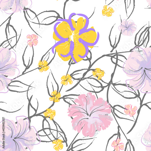 Pink Flowers Blooming Pattern. Pastel Watercolor.