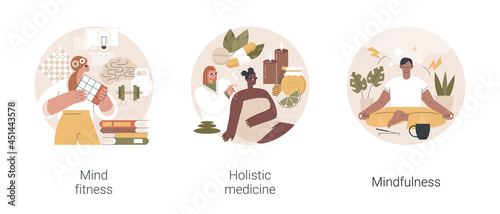 Mental and physical health treatment abstract concept vector illustration set. Mind fitness, holistic medicine, mindfulness, whole body treatment, mental calmness, meditation abstract metaphor.