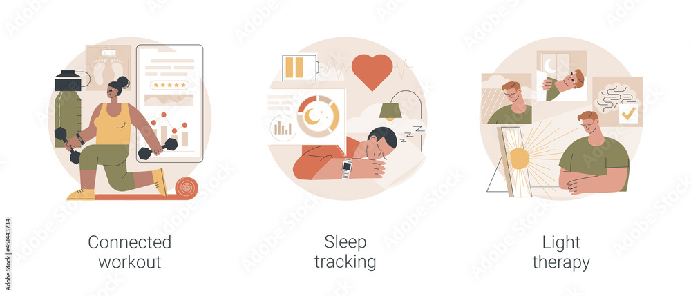 Fototapeta premium Health maintaining and wellbeing abstract concept vector illustration set. Connected workout, sleep tracking, light therapy, smart gym, sport video tutorial, wearable monitor abstract metaphor.