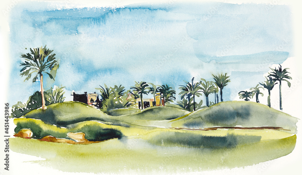 Oasis In Morocco Sketch From Architecture Watercolor Hand Drawn Illustration Stock イラスト Adobe Stock