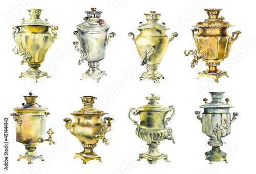 Watercolor Russian Samovars. Vintage metall teapot. Tradition teatime in Russia. Watercolor hand drawn clip art