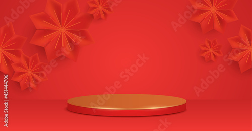 3D illustration of Chinese New Year red and golden theme podium scene with paper graphic style of oriental festive elements on background for product display. Wide copy space for design.
