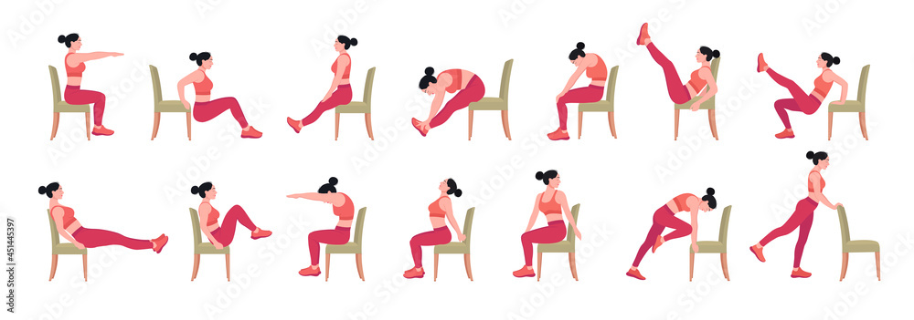 Chair stretching exercises set. woman doing fitness and yoga exercises with chair.	