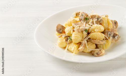 Gnocchi with mushrooms, in cream sauce, Italian dish, horizontal, no people, selective focus,
