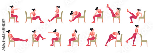 Chair stretching exercises set. woman doing fitness and yoga exercises with chair. 