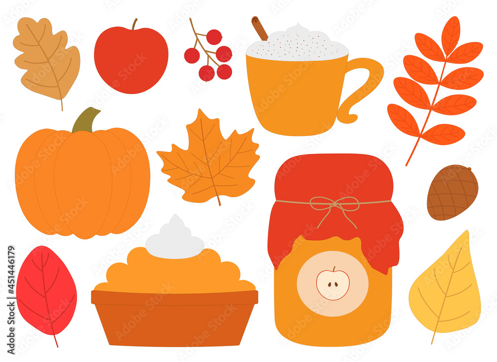 Autumn leaves pumpkin jam pie berries vector illustration