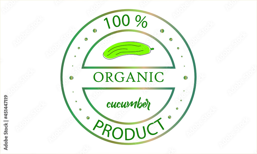 Vector illustration of organic food with cucumber logo and inscription.