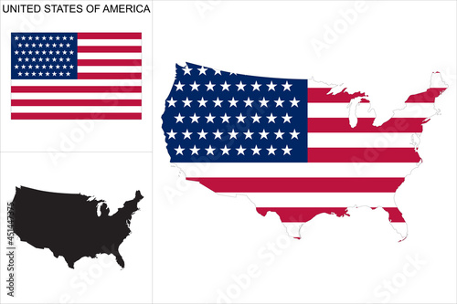 Carte des Etats-Unis d'Amérique avec fond drapeau américain - Carte sous forme de motif noir et drapeau des USA disponibles séparément