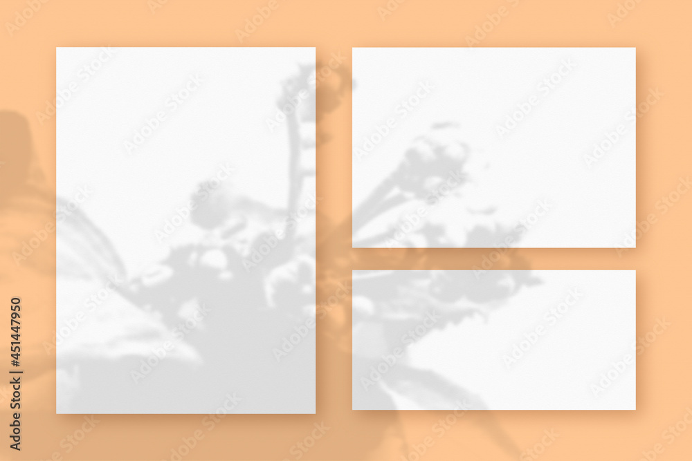 Mockup with plant shadows superimposed on 3 horizontal and vertical sheet of textured white paper on a orange table background
