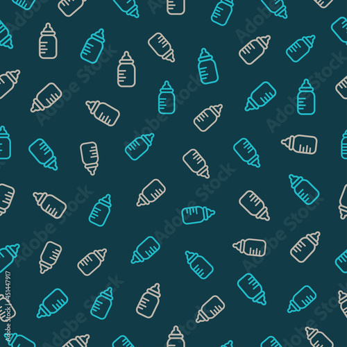Seamless pattern with blue baby bottles