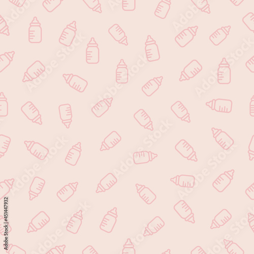Seamless pattern with pink and purple baby bottles